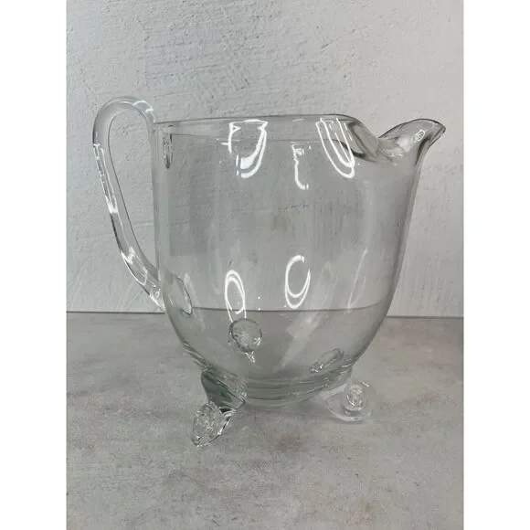 Vintage Blown Clear Glass Pitcher With‎ Three Legs & Handle Unique MCM Diffrent