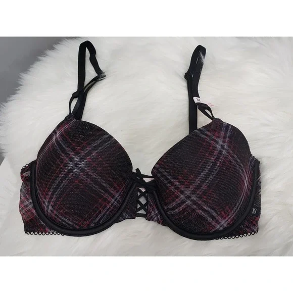 NEW 32D VICTORIA'S SECRET LIGHTLY LINED DEMI BRA  BLACK SHIMMER CHECKERED PLAID