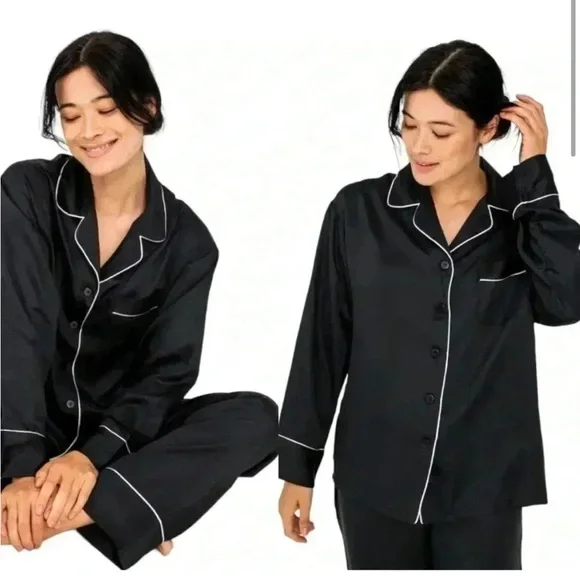 NEW‎ Ettitude S Onyx Black Pajama Long Sleeve Shirt Top with White Trim