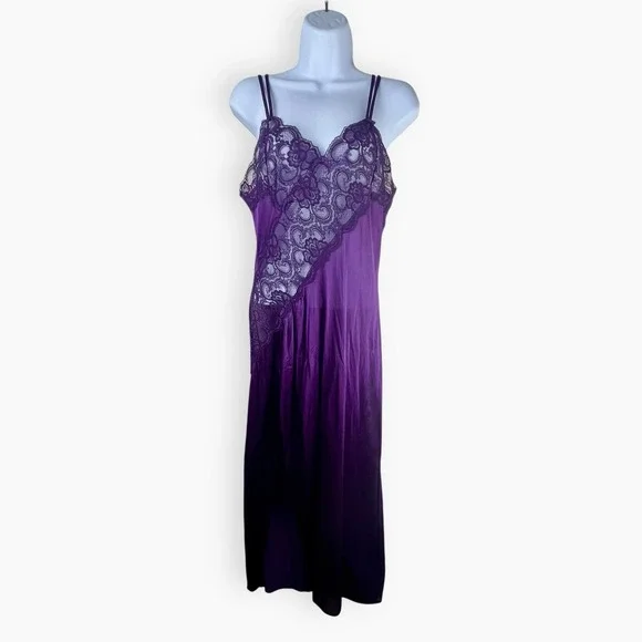 Fredericks of Hollywood Medium Purple Lace Long Maxi Nightgown‎ Sheer Side Slit