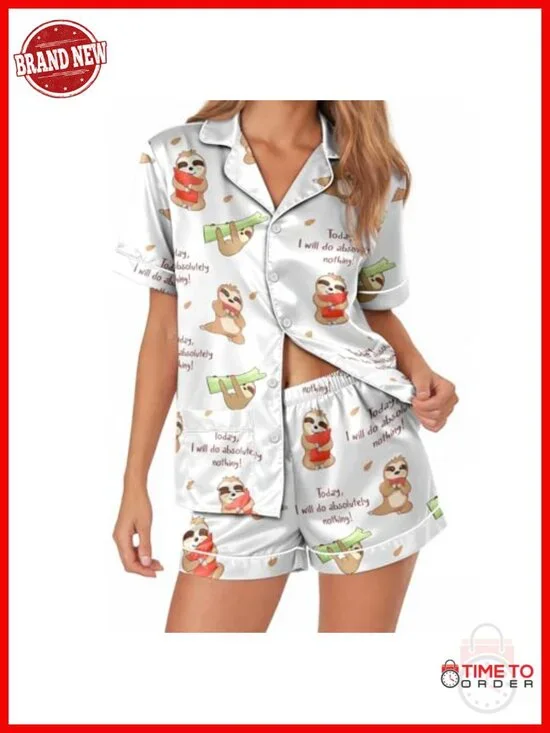 Silky Satin Pajama Set, Button Down Short Sleeve Sleep Shorts 2-Piece for Women