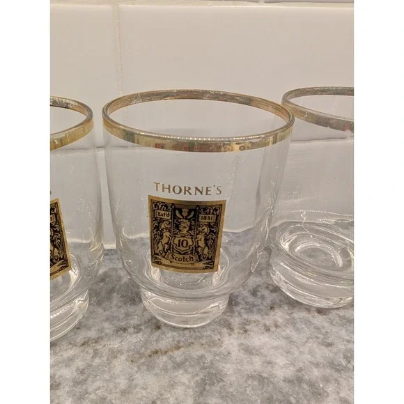 Vintage Thorne's Scotch Whisky Rocks Glasses Gold Rimmed‎ Set Of 4