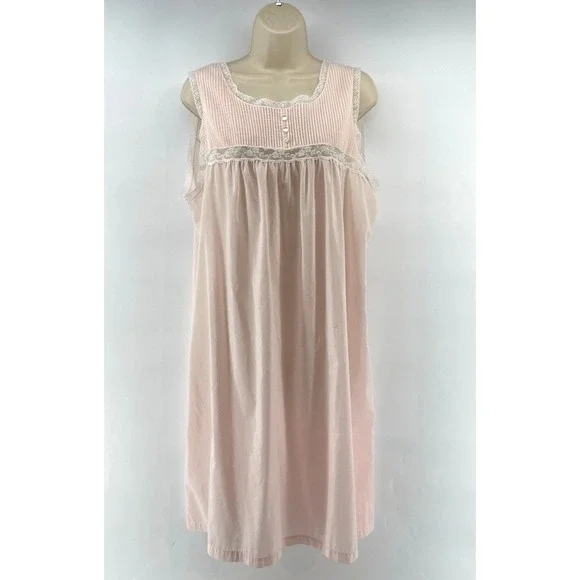 Vintage BARBIZON Nightgown L Pink Babydoll Sleeveless Lace Trim Pintucks Cottage