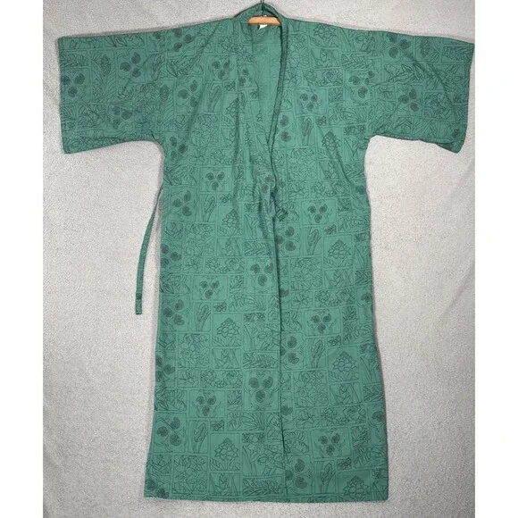 Vintage Women's‎ Emerald Green Kimono Robe Framed Botanical Patchwork Print MCM