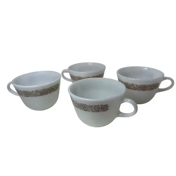 Vintage PYREX Corning USA Woodland‎ Brown Floral Milk Glass Tea Coffee Cups 4
