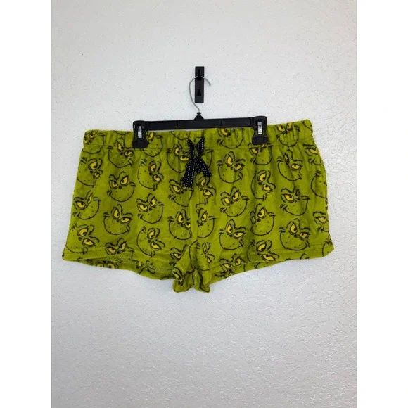 The Grinch Dr Seuss Womens XL Pajama Shorts Lime Green Plush Fleece‎ Holiday