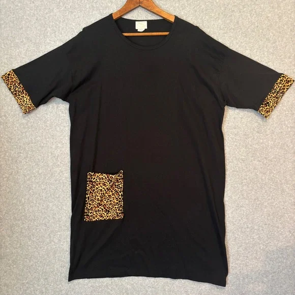 Vintage 70s Pillow Walks‎ Women's Black Leopard Print Sleep Tee Cotton T-Shirt