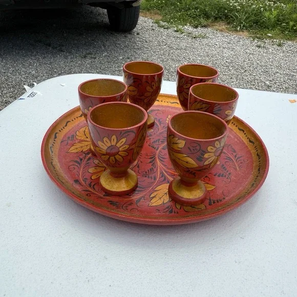 Vintage Wooden Khokhloma Vodka Shot Glasses with‎ Tray