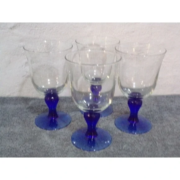 Colbalt Blue Turned Stem Water or Wine Glasses‎ Set of 4