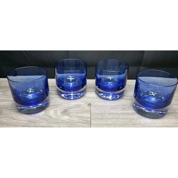 4 Vintage Block Cobalt Blue Glasses‎ - Rare Rounded Heavy Bottom - Stunning!!