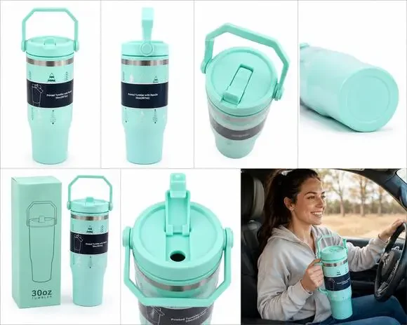 30 oz Insulated Mint Travel Tumbler with Handle & Flip Straw Lid
