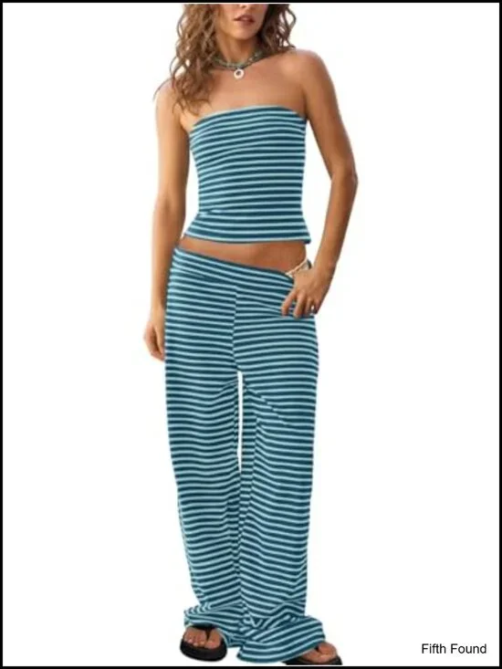 Striped 2 Piece Lounge Set: Strapless Crop Top & Wide Leg Pants