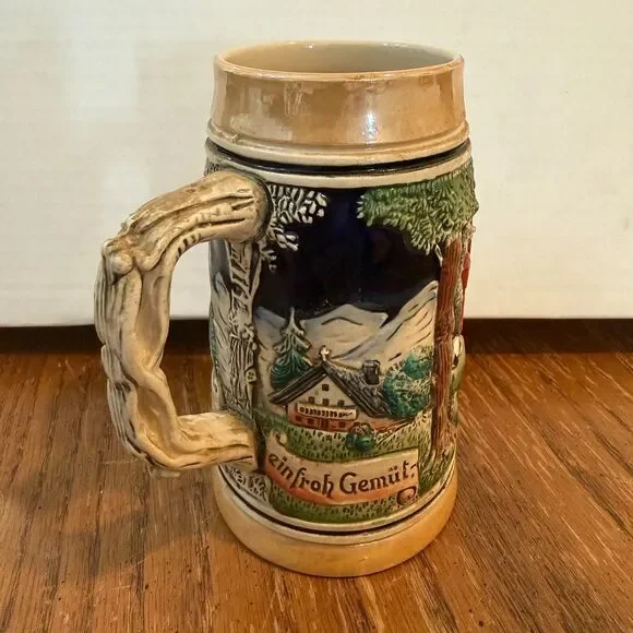 Vintage German Beer Stein AT Original Relief Alpine Scene Ceramic Mug 5