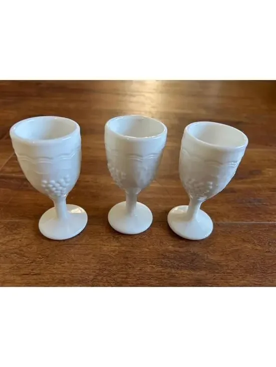 Set of 3 Vintage White Milk Glass Goblets with Grape Design