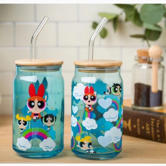 Powerpuff Girls Trio Flying Rainbows and Clouds Blue Glasses