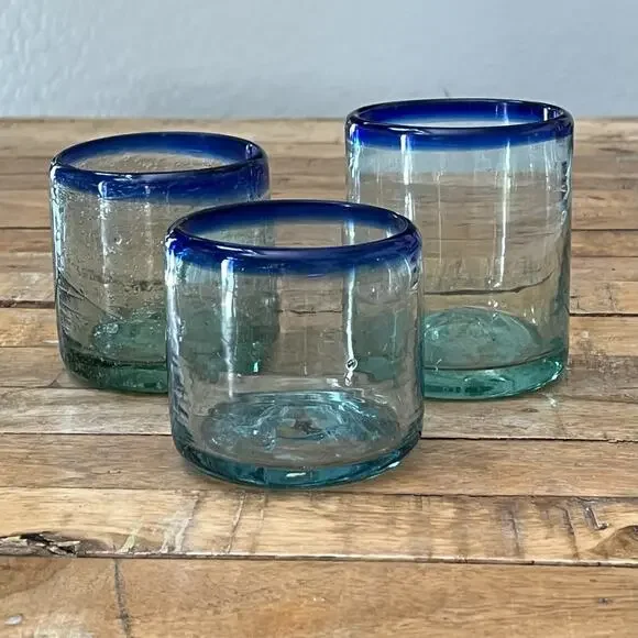 Hand-Blown Mexican Short Tumblers Set of 3 Clear Blue Rim