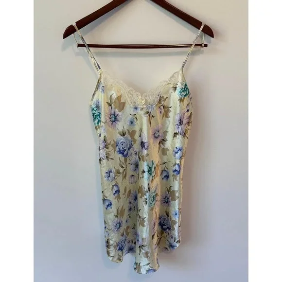 Floral Satin Nightgown Lingerie Lace Trim Romantic Cottagecore Slip Dress‎ Sz S