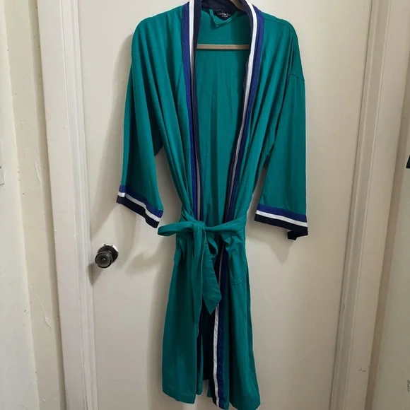 Christian‎ Dior Monsieur Unisex Robe w Belt Teal Navy White Stripes OS Vintage