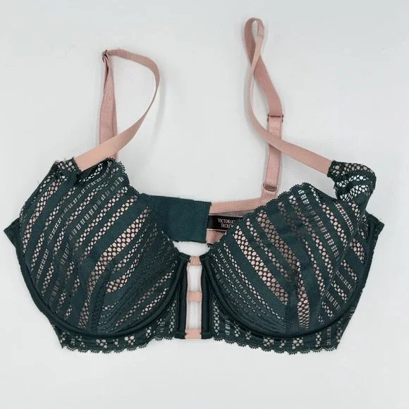 Victoria's Secret 34DD Lined Plunge Lace Bra Green Pink Cutout‎