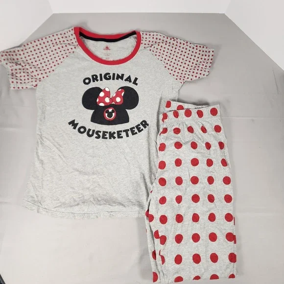 Disney Minnie Mouse Original Mouseketeer Pajama Set Grey Red Polka Dot Womens M