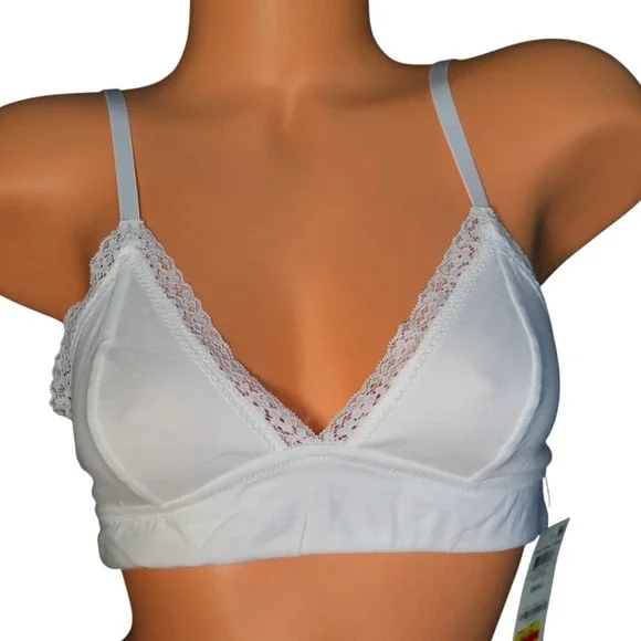 Jenni Core Bralette‎ Bright White Wide Lace Cotton Wireless Bra L NWT