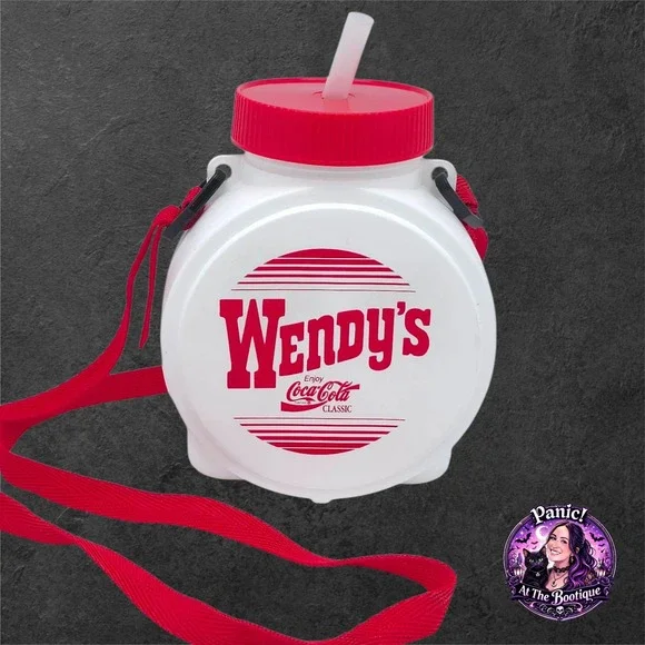Wendy's Coca-Cola Vintage Canteen Plastic White Red Strap Retro Water Bottle 90s