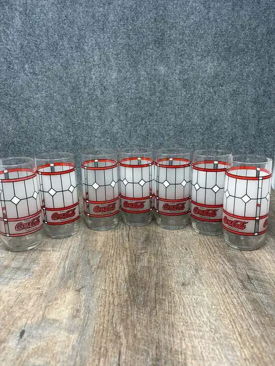 Vintage Coca-Cola Frosted Stained Glass Tiffany Style Drinking Glasses Set of 7