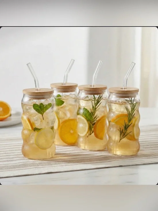 NWT Lilly Ribbed Glass Sippers with Bamboo Lids and Glass straws, 18 oz Set of 4