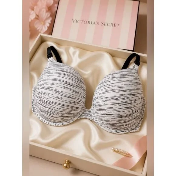 GRAY & WHITE STRIPE BRA VICTORIAS SECRET PINK WEAR EVERYWHERE 34D