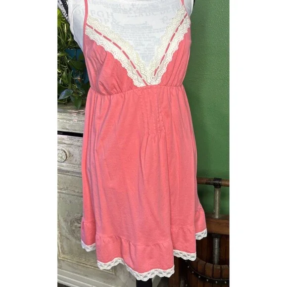 Victorias Secret Coral 100% Cotton Lace Nightgown Chemise LG