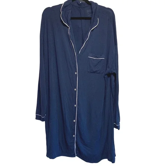 Stars Above Nightshirt XXL Navy Blue comfort Long Sleeve Button Down Sleep Dress