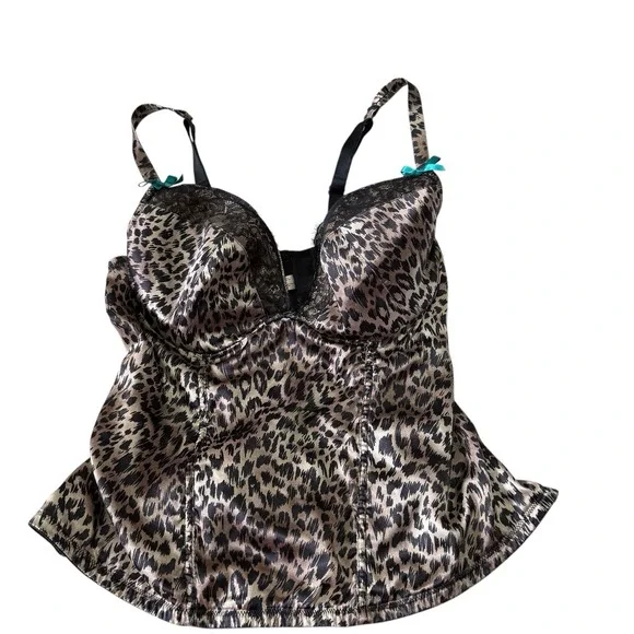 Cacique 18/20 Leopard Print Corset/bustier Sheer Back‎ Eyelash Trim UW Club Wear