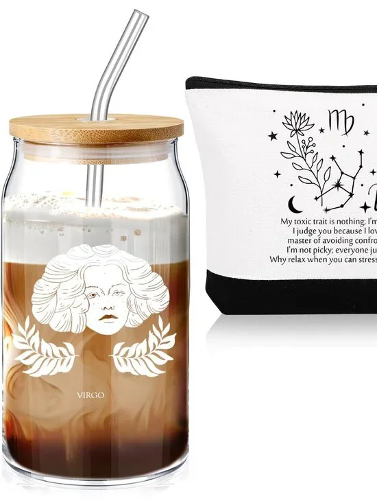 NWT Virgo Zodiac Gift Set | 16oz Glass Can Tumbler & Funny Canvas Makeup Bag