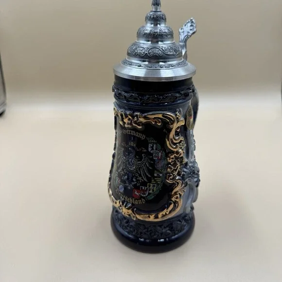 King German Stuttgart Beer Stein Handmade Pewter Lid-Hand Painted 0.5L (8