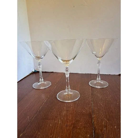 Set of 3 Vintage Clear Martini Glasses Faceted Stem Diamond Cut Detail 7.25in