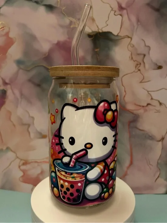 Hello Kitty Loves Boba Glass Cup w/Lid & Straw 🩷🧋