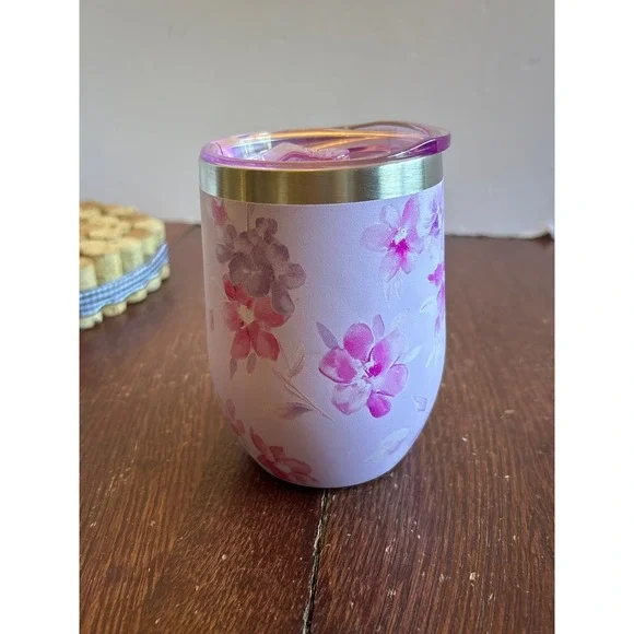 Hi Peach Layne Purple Floral Stainless Steel Vacuum Mug Insulated Wine Tumbler