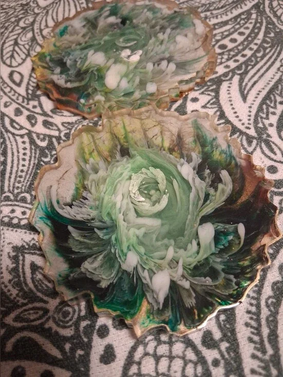 Handmade Resin Coaster Set - Green, White & Gold Floral