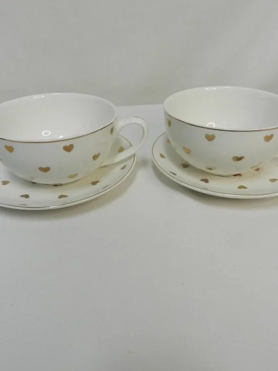 Elegance Gold Hearts Teacup tea cup & saucer mug cup set 2 place settings dish