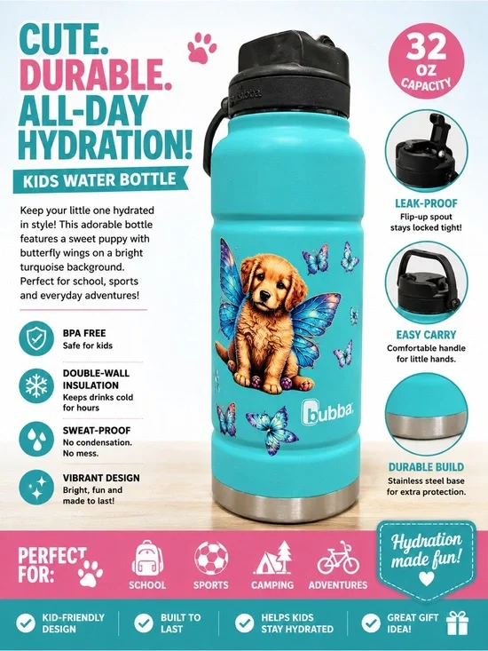 Hand Crafted Turquoise Water Bottle with Puppy & Butterflies