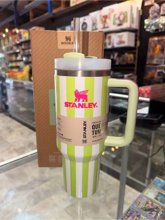 Stanley Green and White Striped Travel Tumbler with Handle