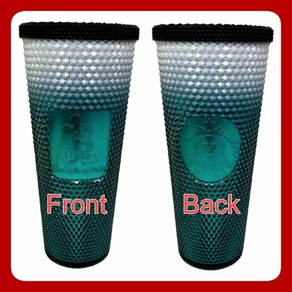Disney Starbucks Mickey Mouse Teal Ombre Studded Cold Cup Tumbler 24oz EUC