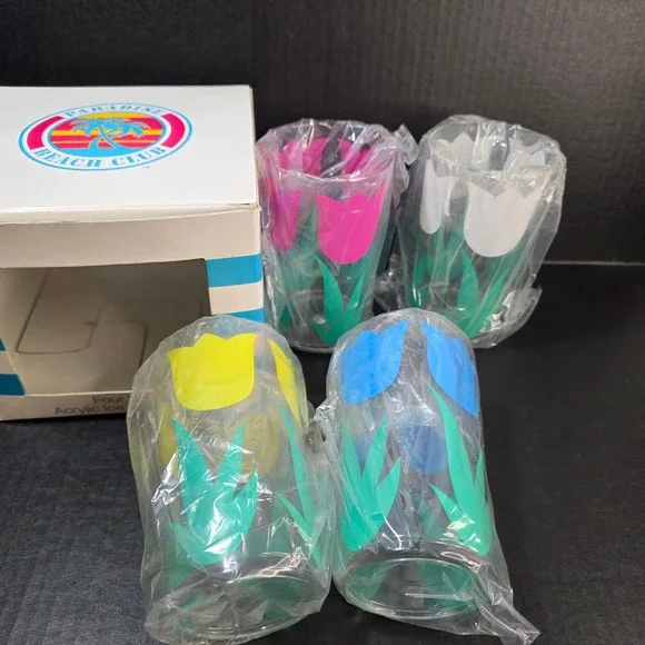 Paradise Beach Club Iced Tea Glasses Set 4 NOS - 22oz Tulip Acrylic‎ Retro