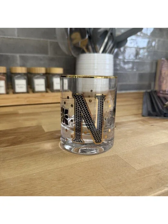 Anthropologie Bistro Tile Monogram Glass Tumbler Gold Rim Initial “N”Old Fashion