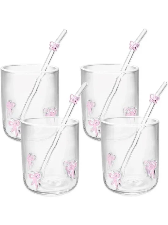 4 Set 14 oz Pink Bow Glass Cups with Straws - Aesthetic Handblown Drinkware for