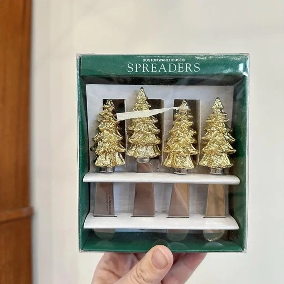 Boston Warehouse Set 4 Stainless Steel Cheese Knife Spreader Gold Christmas Tree