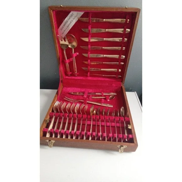Siam Bronze Flatware Set Gold Bronze Cutlery Service for 6‎ in Wood Case
