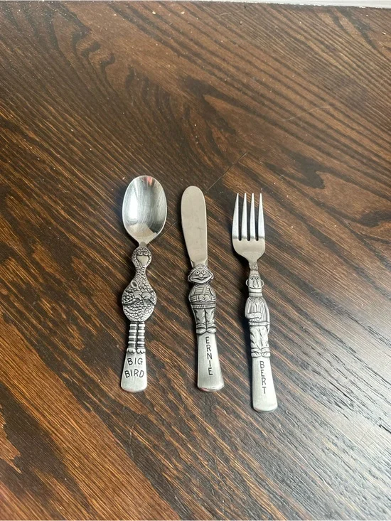 Gorham Sesame Street Pewter Finish Kids Cutlery Set - Big Bird, Ernie & Bert