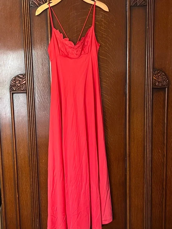VINTAGE Red Lace-Detail Long Slip Chemise Size Small