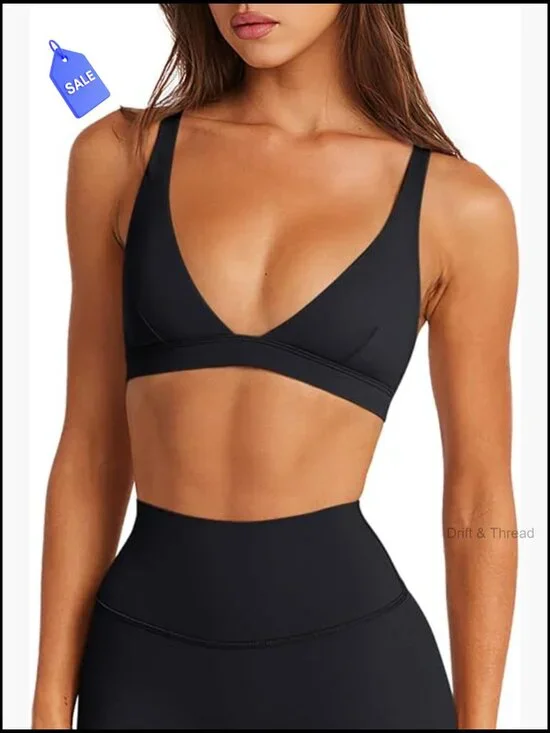 Deep V-Neck Sports Bra Padded Wireless U Back Workout Yoga Crop Top